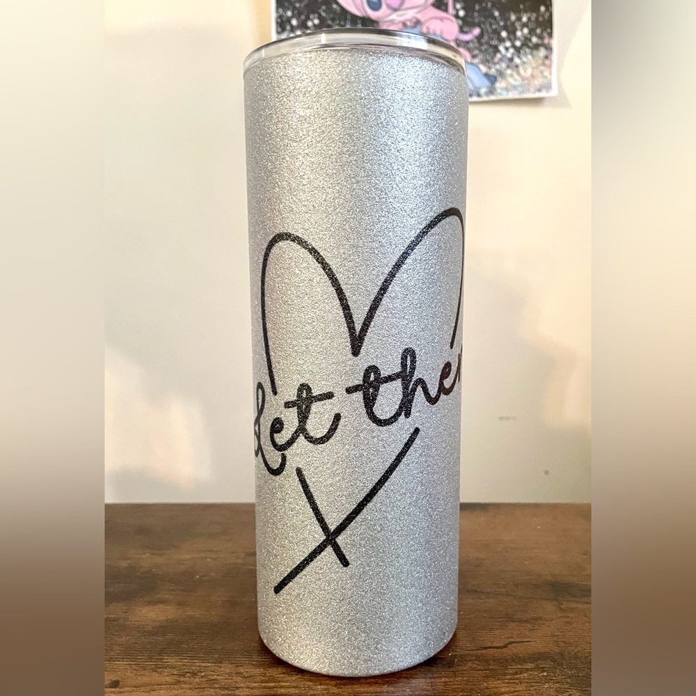 25oz skinny sublimated silver and black glittered tumbler. HOGG brand. New.